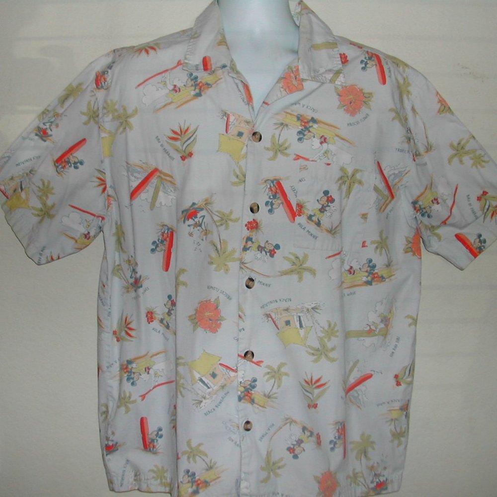 Vtg L DISNEY SHOPPING~Mickey,Minnie & Crew SURFING Hawaiian Shirt SOFT COTTON